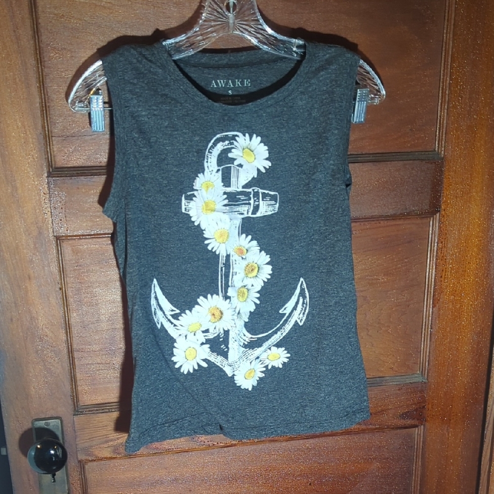Awake Charcoal Tank Top with Floral Anchor Design